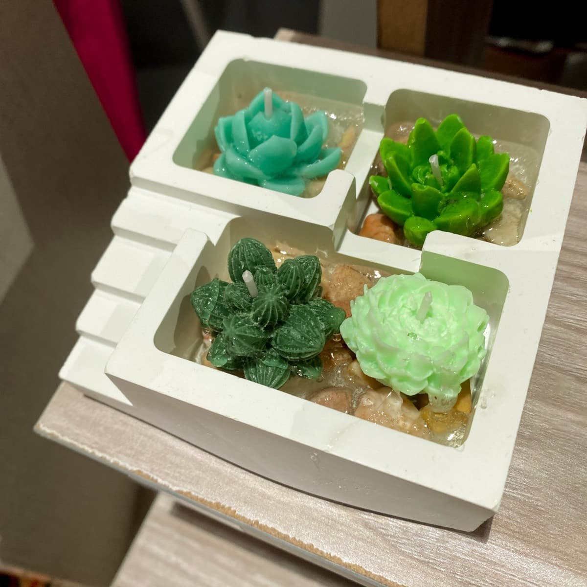 Sculpted succulent candles on real pebbles